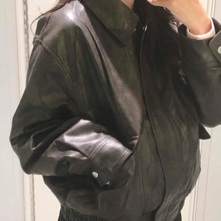 Oversized Shirt Collar Zip-Up Bomber Jacket Leather Blouson Jacket