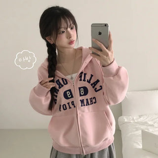Effortless Chic, Embroidered Number Lettering Two-Way Avant-garde Boxy Loose Fit Zip-Up Hoodie