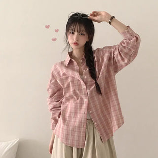 Protective Instinct Oversized Fit, Delicate Loose Fit Pastel Cotton Plaid Long Sleeve Shirt