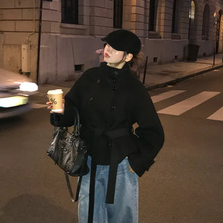 Center Waist Tie Wool Short Coat
