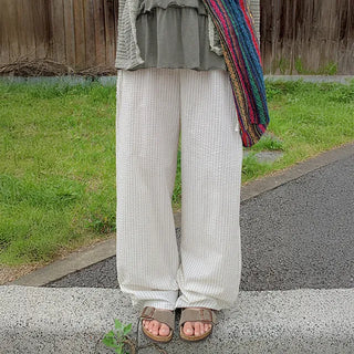 Melting Stripe Ribbon Wide Elastic Waist Pants Wrinkle Striped Cooling Pants Refrigerator Pants Summer Pants Summer Pants Vacation Look