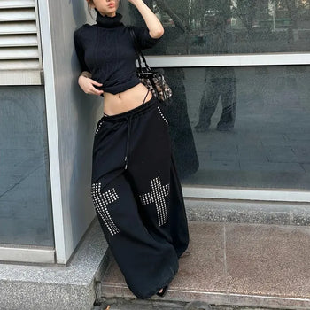 Cross Stud String Training Pants  / Elastic Waist Cross Stud Sweatpants Tracksuit Low-rise