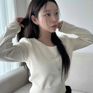 Puff Sleeve Slim Fit Round Short Sleeve Knit