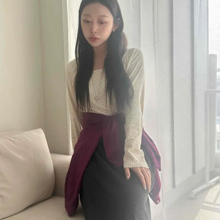 Slim Fit Mini Dot Square Neck Crop Long Sleeve Tee