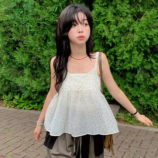 Someday Dot Button V-Neck Flare Sleeveless Blouse See-through Plain Layered Sleeveless Bustier Cool Material A-Line Strappy Sleeveless Summer Blouse