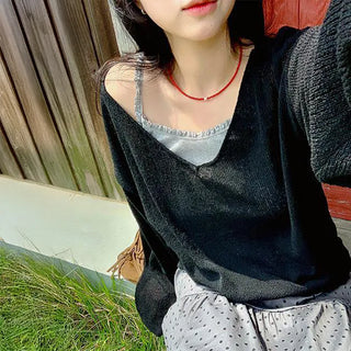 Seromi Linen V-Neck Loose Fit Long Sleeve Knit Off-Shoulder One-Shoulder Oversized Delicate Fit Long Tee Sun-Blocking Salanta Summer Knit Cover-up
