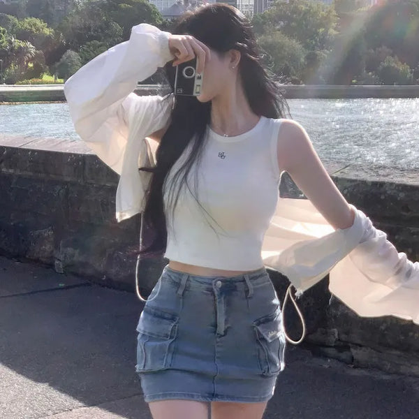 Warning Ribbed Crop Embroidered Sleeveless Top