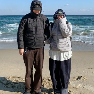 Moon's Oversized Hooded Lightweight Padded Jacket Unisex Couple Drawstring Quilted Plus Size Jumper