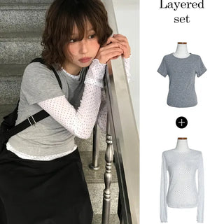 Tsuki Dot Color Block Layered Long Sleeve T-shirt