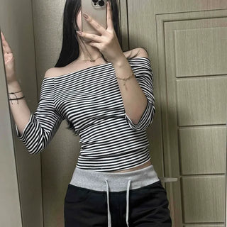 Slim Fit Striped Wide Boat Neck Crop Long Sleeve T-shirt