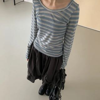 Erica Striped Slim U-Neck Long Sleeve T-shirt
