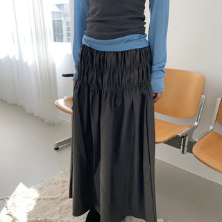 Dirk Shirred Banding Leather Maxi Long Shirred Skirt