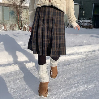Mori Check Back Elastic Midi Skirt Winter Pleated Vintage Skirt