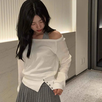 One-Off Shoulder Halter Neck Layered Slim Fit Button-Detail Sweatshirt
