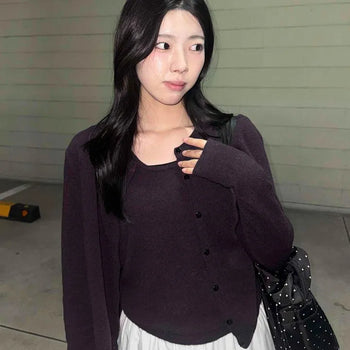 Front Button Crop Round Neck Sleeveless Knit Cardigan Two-Piece Set