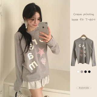 Full of Cuteness, Kitsch Lettering Heart Print Round Neck Loose Fit Long Sleeve T-shirt