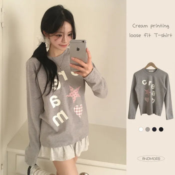 Full of Cuteness, Kitsch Lettering Heart Print Round Neck Loose Fit Long Sleeve T-shirt