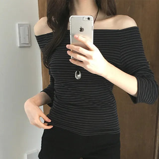 Ruba Striped Off-Shoulder 3/4 Sleeve T-shirt