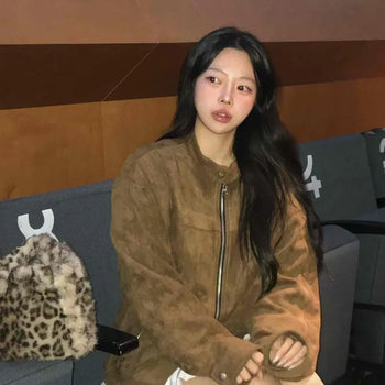 Loose-Fit Mandarin Collar Suede Jacket