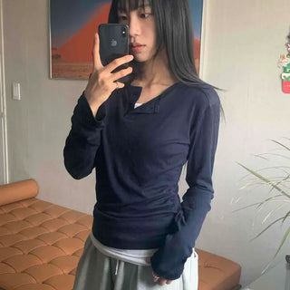 Twin Button Slim Fit Round Neck Long Sleeve T-shirt