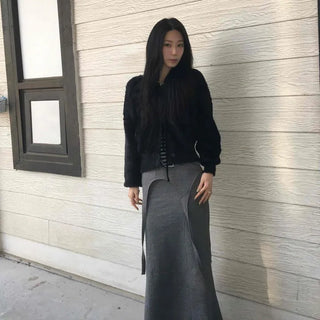 Curved Cut Center Slit A-Line Long Skirt