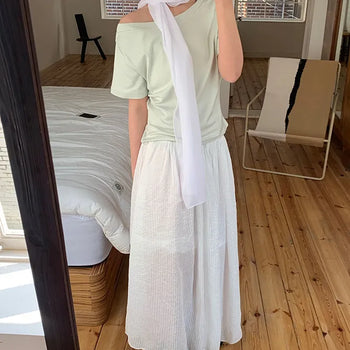 Apod Long Skirt Long Skirt/Elastic Waist Skirt/Full Skirt/Layered/Long Skirt/Lace Skirt/Pleated Skirt