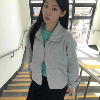 Short Stand Neck Rip Pocket Loose Fit Zip-Up