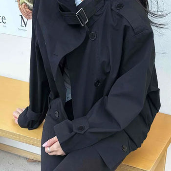 Shoulder Buckle Loose Fit Shirred Hem Short Trench Jacket