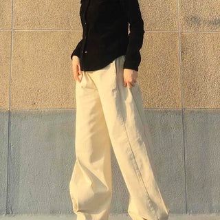 High-Waisted Loose-Fit Wide Long Pants with Snap Button Hem
