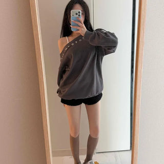 Boat Neck Star Studded Eyelet Loose Fit Sweatshirt