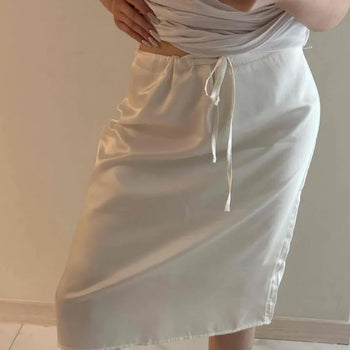 Waist Tie Side Slit Satin H-Line Midi Skirt