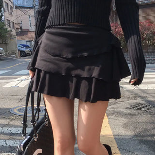 Black ruffle elastic waistband tiered skirt-pants