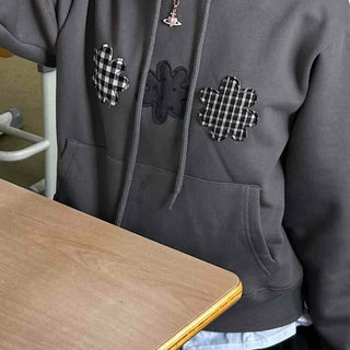 Check Flower Print Loose Fit Hoodie