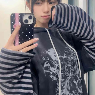 Loose Fit Graphic Print Layered Striped Sleeve Hoodie