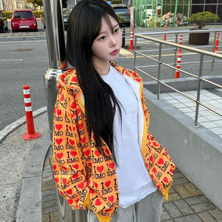 I♥EMO All-Over Hoodie, Oversized Fit, Contrast Sleeve, Zipper Zip-Up