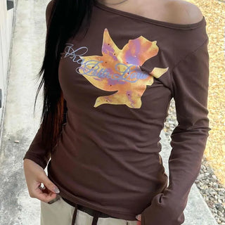 Slim Fit Off-Shoulder Flower Print Boat Neck Long Sleeve T-Shirt