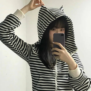 Cat Ear Striped Color-Blocked Sleeve Hoodie Zipper Zip-Up