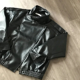 Celona High-Neck Loose-Fit Leather Jacket