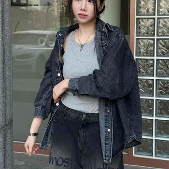 Oversized Lettering Pocket Denim Shirt