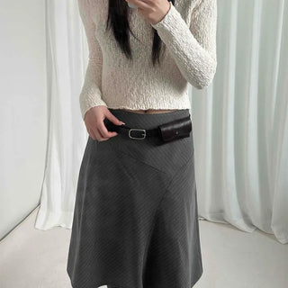 Vertical Stripe High-Waisted Pocket Flare Midi Skirt