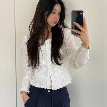 Sakura Square Blouse/Cherry Blossom Look/Lace Blouse/Ruffle Blouse/ Puff Blouse/Strap Blouse/Plus Size/Pintuck Blouse