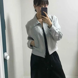 Loose Fit Shirt Collar Multi-Pocket Zip-Up Short Jacket