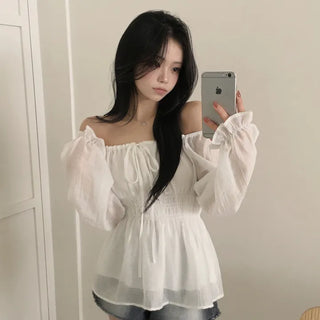 Flowy~ Spring Shirred Strap Ribbon Smocked Elastic Waist Cinched Flare Long Sleeve Blouse