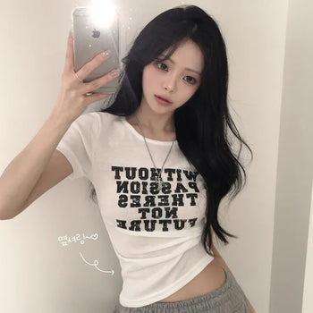 Effortless Chic, Vintage Lettering Round Neck Side Shirring Cinched Waist Slim Delicate Fit Short Sleeve T-shirt