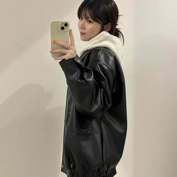 Zipper-Up Pocket Leather Bomber Blouson Jacket