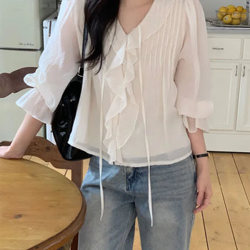 Tie Strap Pintuck Frill Ruffle Blouse