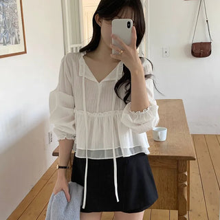 Tie Strap Lace Frill Blouse