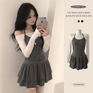 Flowy~ U-neck Off-shoulder Plain Semi-Crop Delicate Fit Long-sleeve T-shirt + Halter Neck Shirred Frill Tiered Mini Dress Layered Two-Piece Set