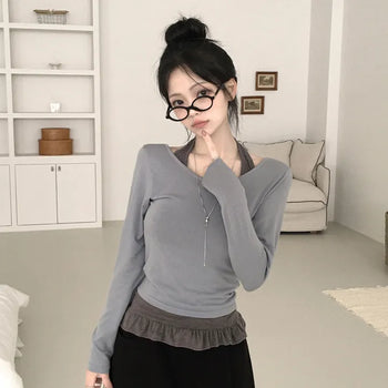 A Spoonful of Loveliness, U-Neck Slim Fit Plain Long Sleeve T-shirt + Halter Neck Frill Sleeveless Layered Outfit Set