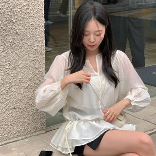 Nuts See-through String Shirred Frill Puff Blouse